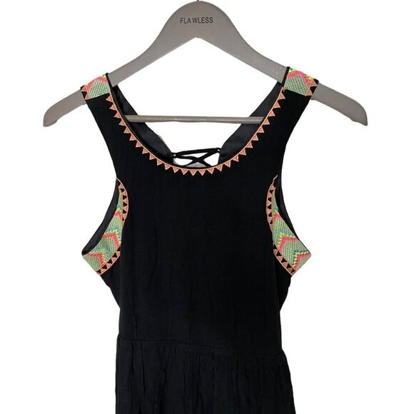 Lulumari Black Maxi Dress with open lace up back with multicolor boho print - Picture 3 of 6